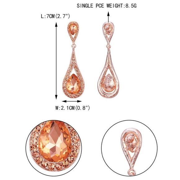 Rose Gold with Peach Morganite Austrian Crystal Dual Dangling Teardrop Earrings - Picture 5 of 5